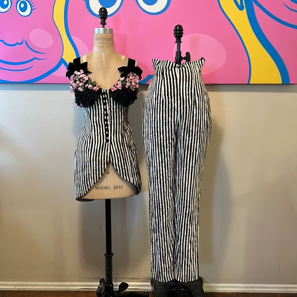 IDOL Black White Striped Velvet Corset Top and Pants Set